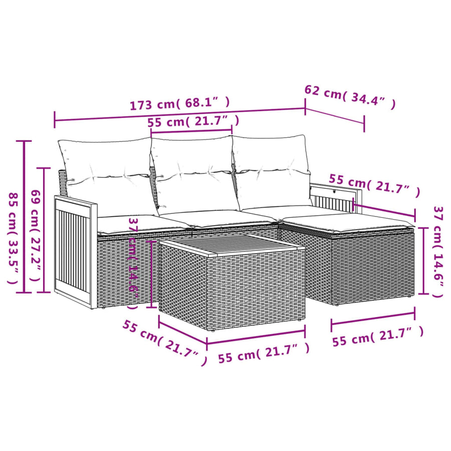 5-delige Loungeset met kussens poly rattan zwart 1 Zwart en crème