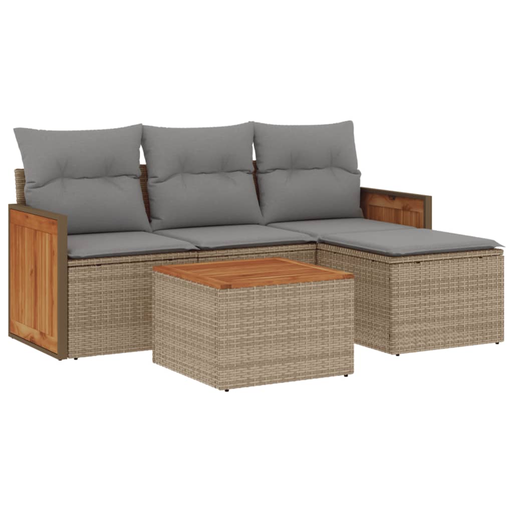 5-delige Loungeset met kussens poly rattan beige Beige en grijs Met tafel