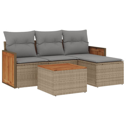 5-delige Loungeset met kussens poly rattan beige Beige en grijs Met tafel