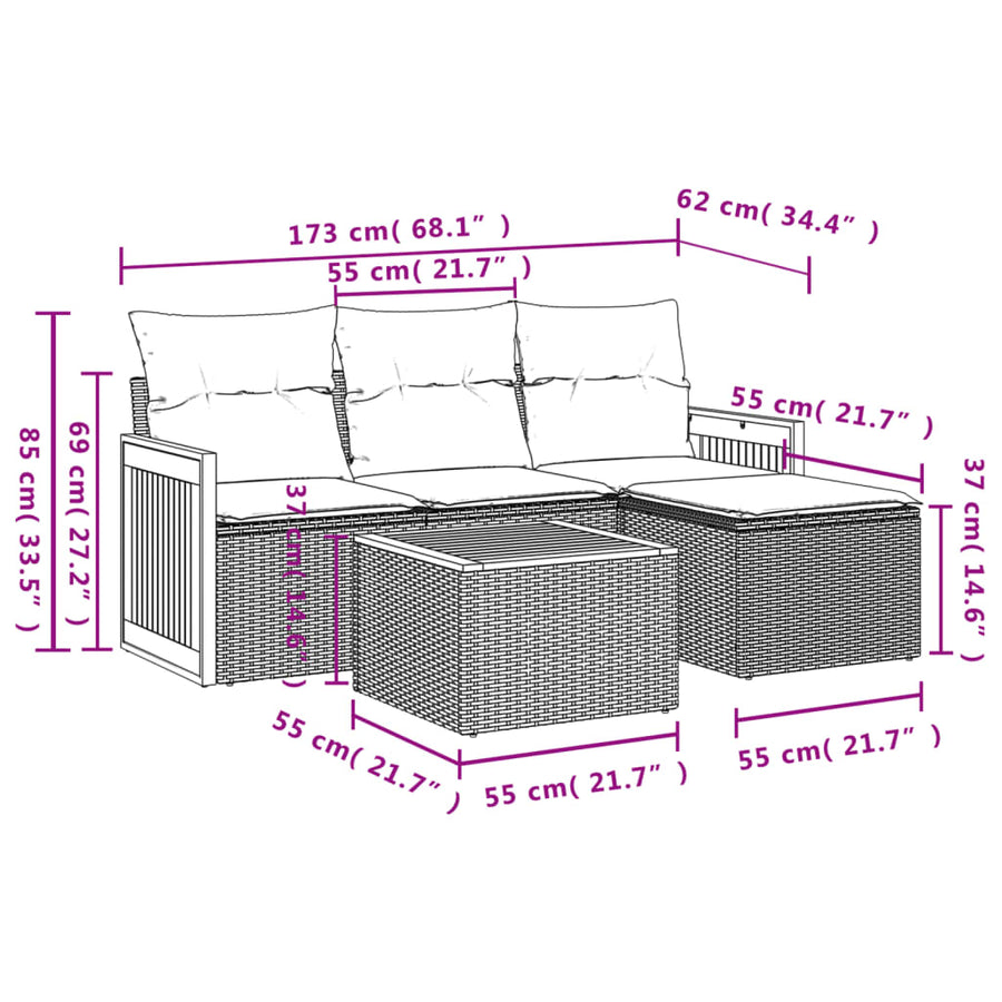 5-delige Loungeset met kussens poly rattan grijs Grijs Met tafel