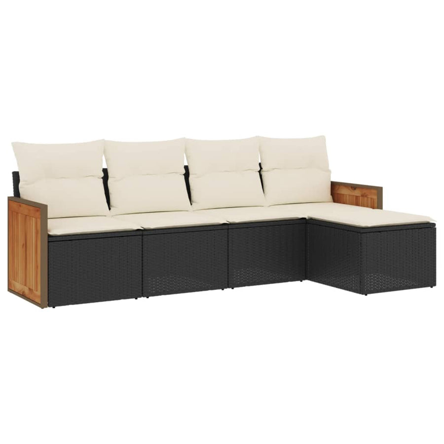 5-delige Loungeset met kussens poly rattan zwart 1 Zwart en crème