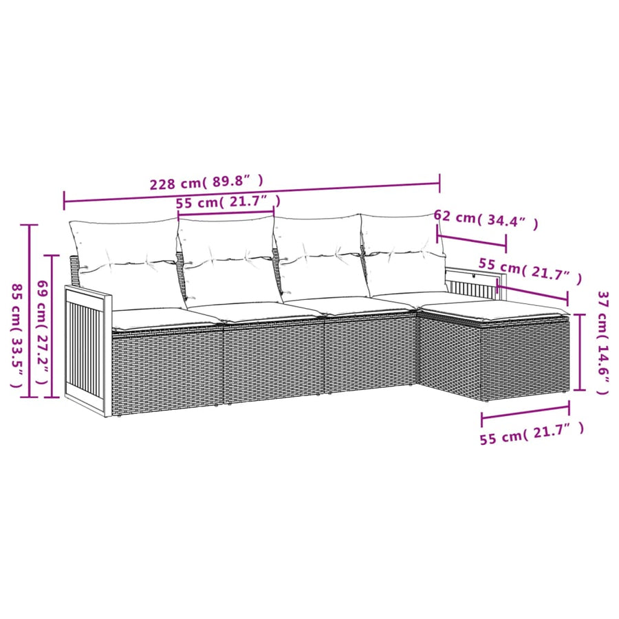 5-delige Loungeset met kussens poly rattan grijs 1 Grijs
