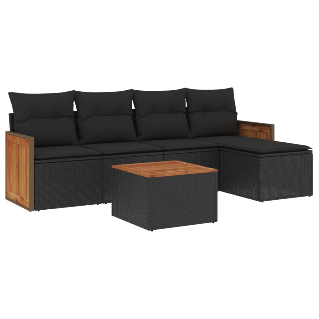 6-delige Loungeset met kussens poly rattan zwart Zwart Met tafel