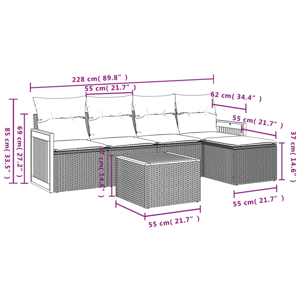 6-delige Loungeset met kussens poly rattan zwart Zwart Met tafel
