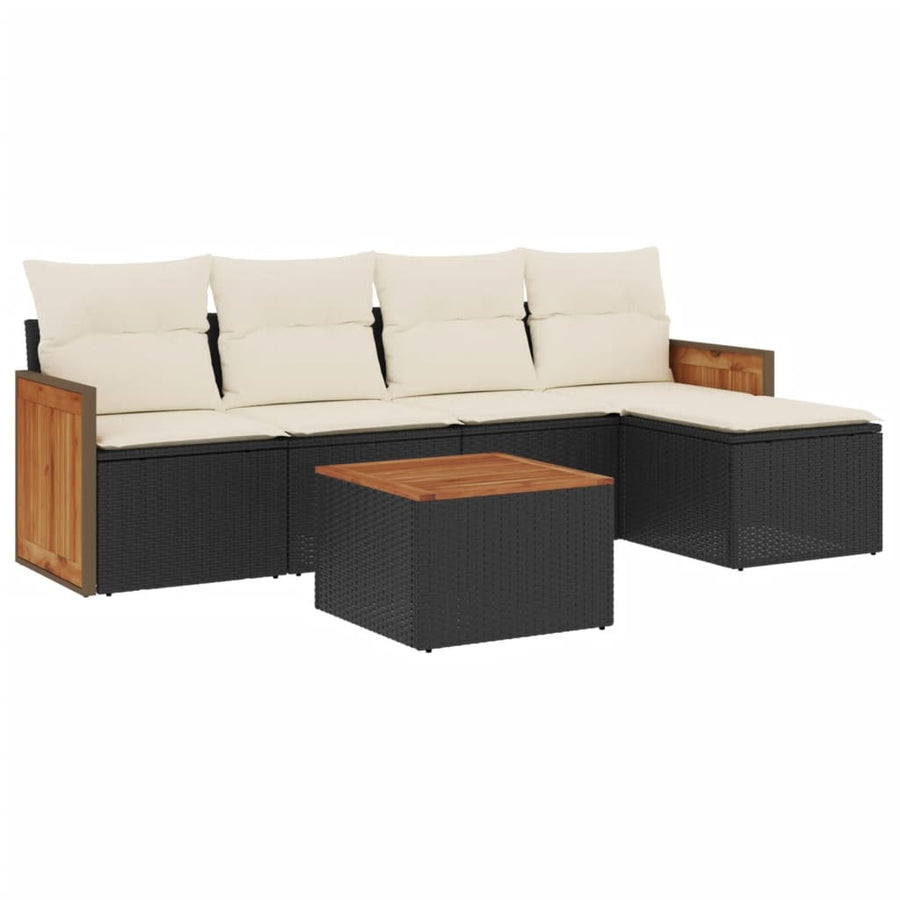 6-delige Loungeset met kussens poly rattan zwart Zwart en crème Met tafel