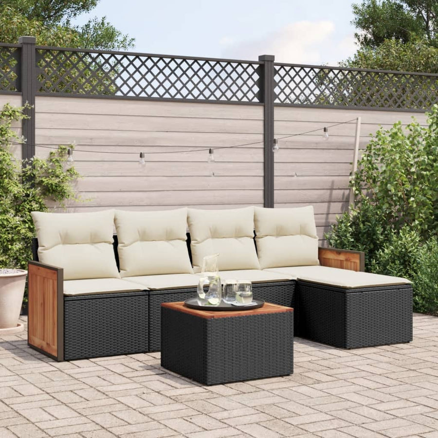 6-delige Loungeset met kussens poly rattan zwart Zwart en crème Met tafel