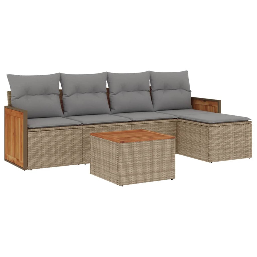6-delige Loungeset met kussens poly rattan beige 1 Beige en grijs