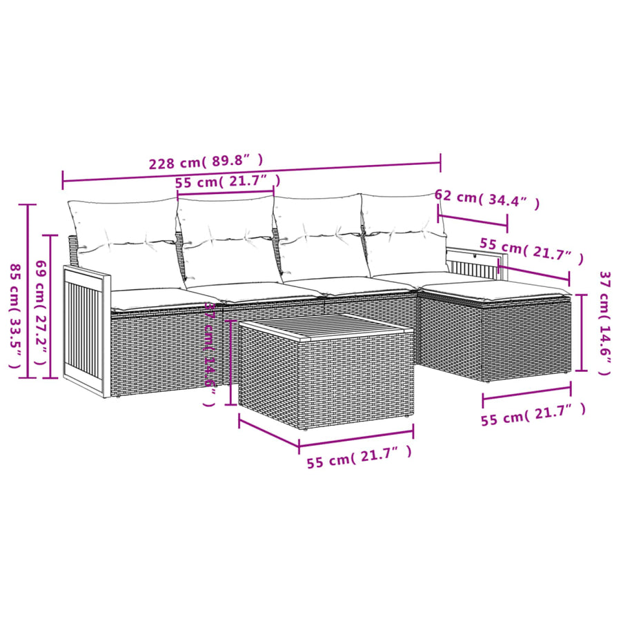 6-delige Loungeset met kussens poly rattan grijs 1 Grijs