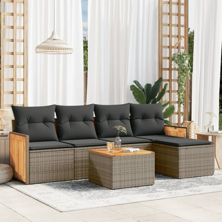 6-delige Loungeset met kussens poly rattan grijs 1 Grijs