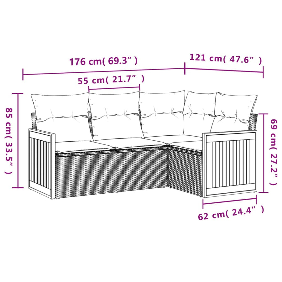 4-delige Loungeset met kussens poly rattan grijs 1 Grijs