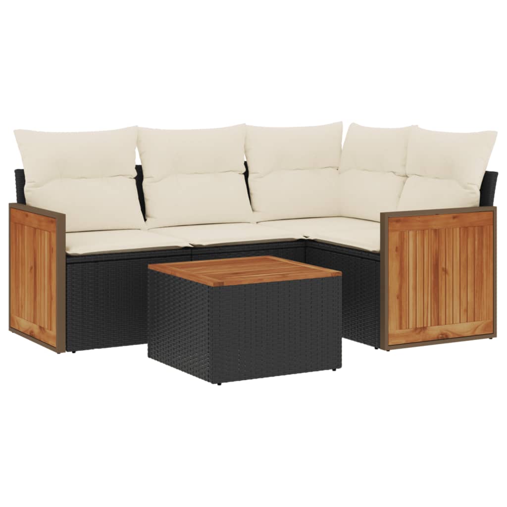 5-delige Loungeset met kussens poly rattan zwart Zwart en crème Met tafel