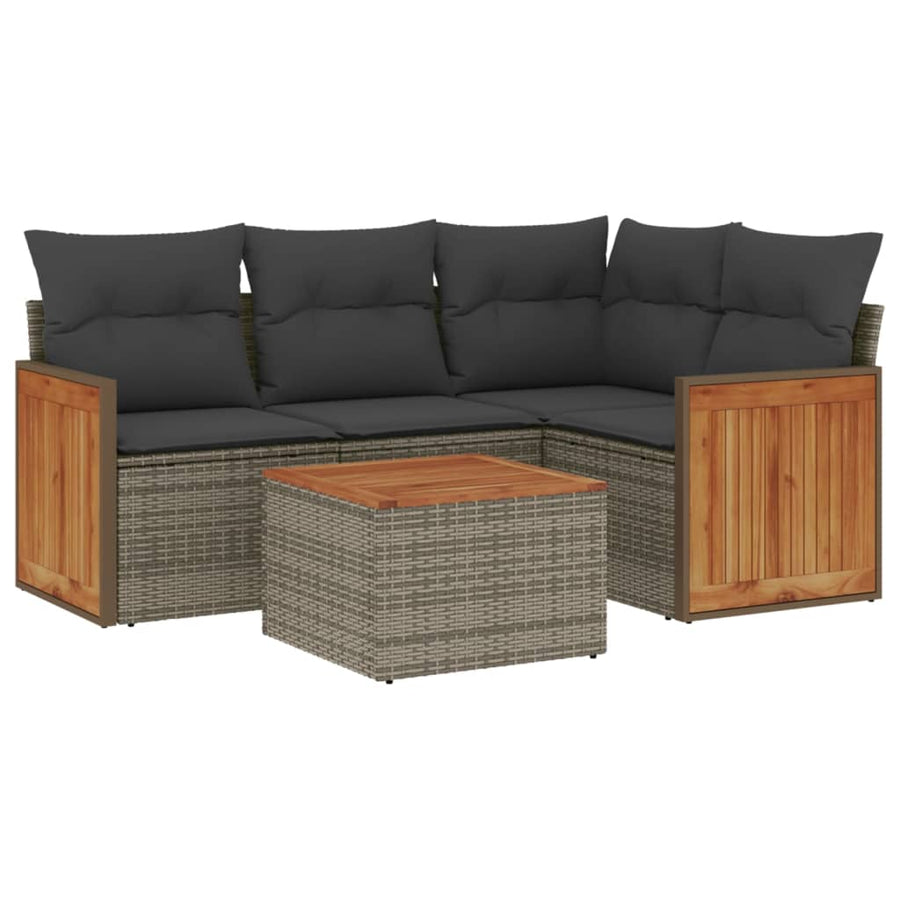 5-delige Loungeset met kussens poly rattan grijs 1 Grijs