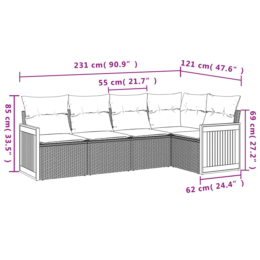 5-Delige Loungeset Met Kussens Poly Rattan Beige