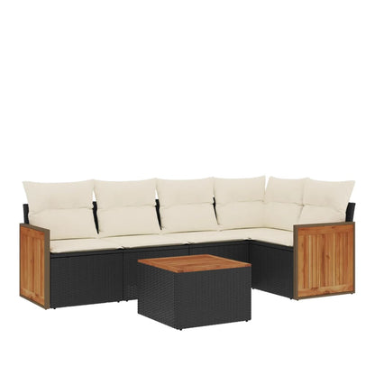 6-Delige Loungeset Met Kussens Poly Rattan Zwart en crème Met tafel
