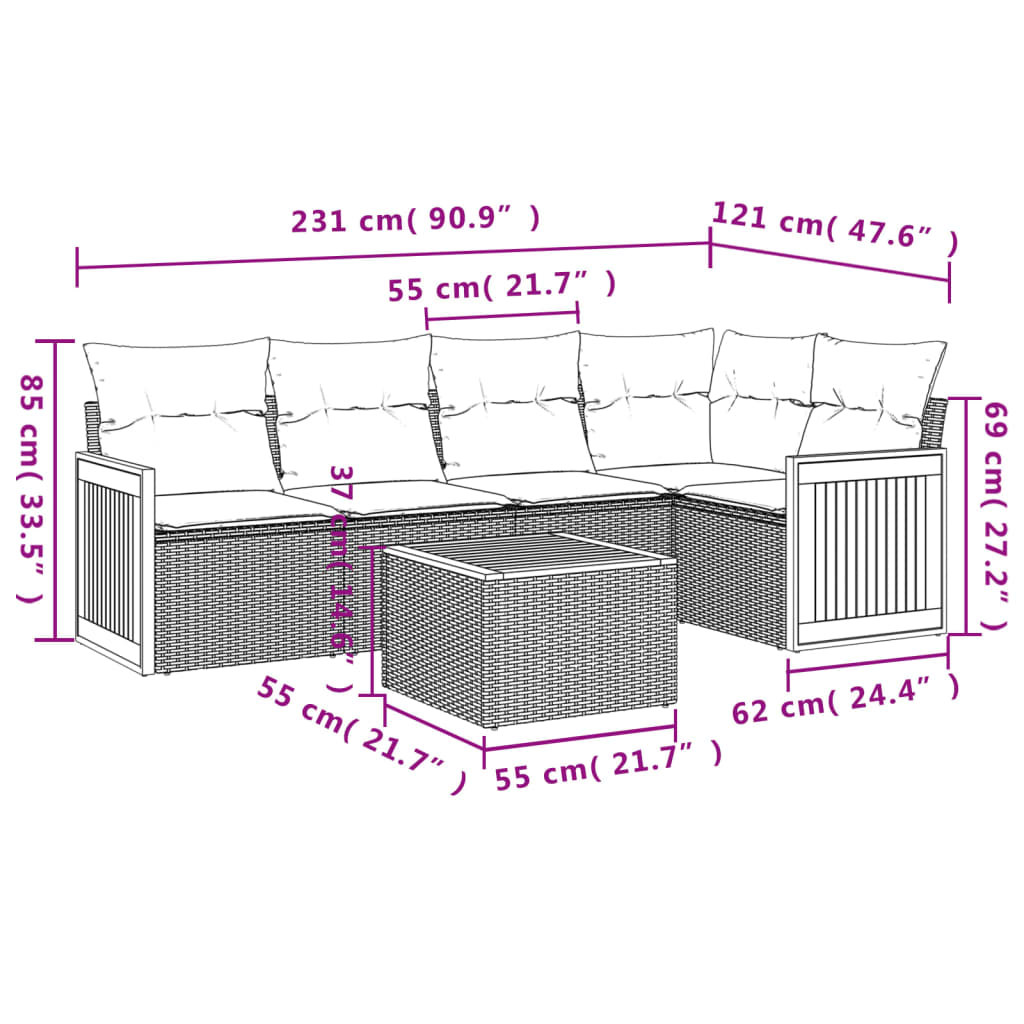 6-Delige Loungeset Met Kussens Poly Rattan Zwart en crème Met tafel