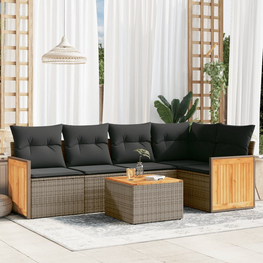6-Delige Loungeset Met Kussens Poly Rattan Grijs Met tafel