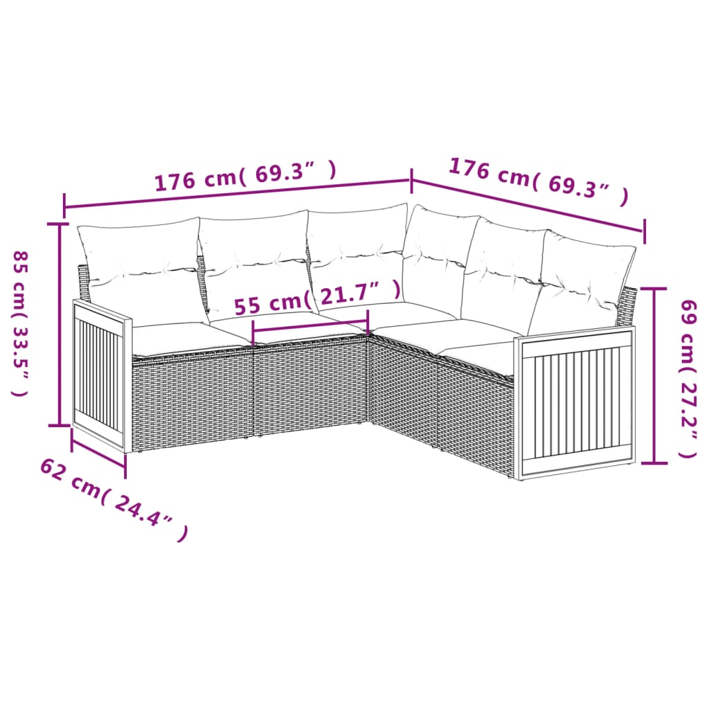 5-Delige Loungeset Met Kussens Poly Rattan Zwart Zonder tafel