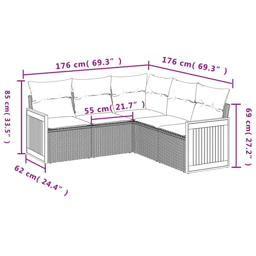 5-Delige Loungeset Met Kussens Poly Rattan Zwart en crème Zonder tafel