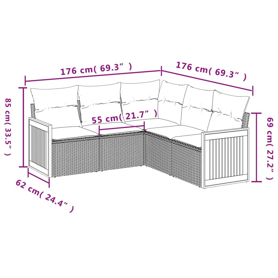 5-Delige Loungeset Met Kussens Poly Rattan Grijs Zonder tafel