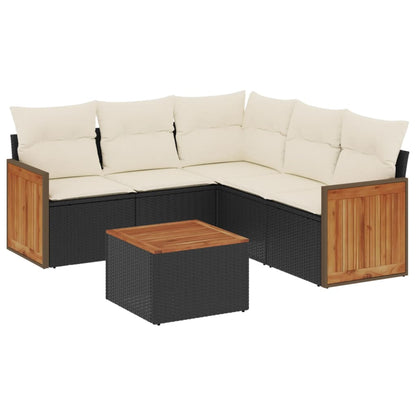 6-Delige Loungeset Met Kussens Poly Rattan Zwart en crème Met tafel