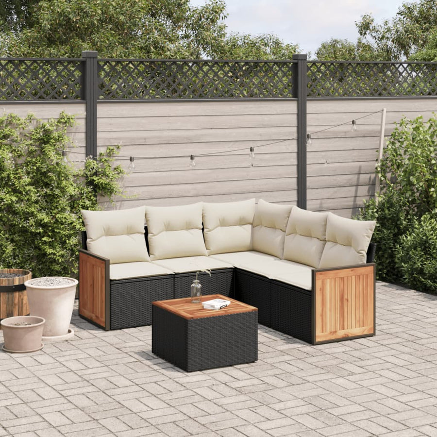 6-Delige Loungeset Met Kussens Poly Rattan Zwart en crème Met tafel