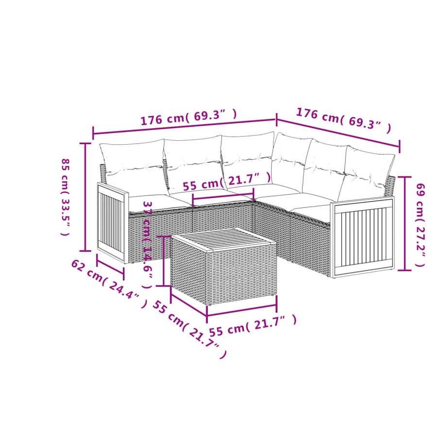 6-Delige Loungeset Met Kussens Poly Rattan Beige en grijs Met tafel