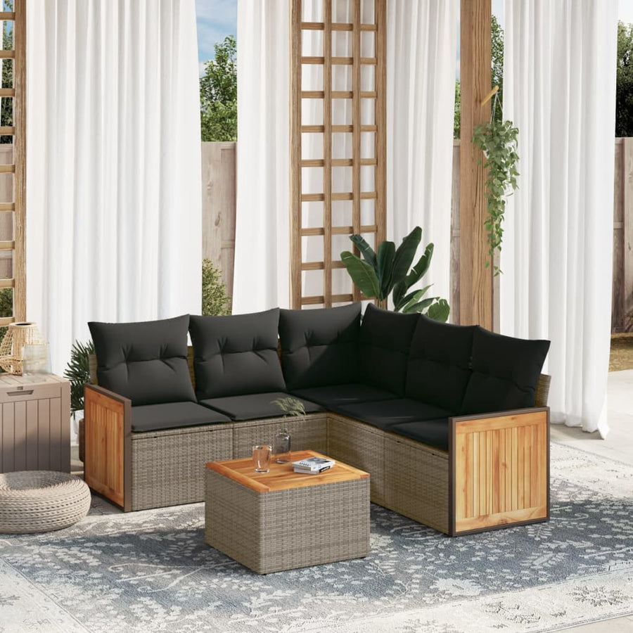 6-Delige Loungeset Met Kussens Poly Rattan Grijs Met tafel