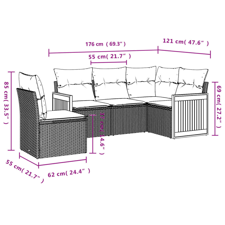 5-Delige Loungeset Met Kussens Poly Rattan Beige en grijs Zonder tafel