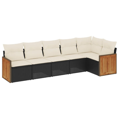 6-delige Loungeset met kussens poly rattan zwart 1 Zwart en crème