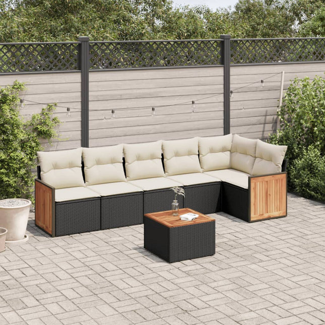 7-delige Loungeset met kussens poly rattan Zwart en crème Met tafel