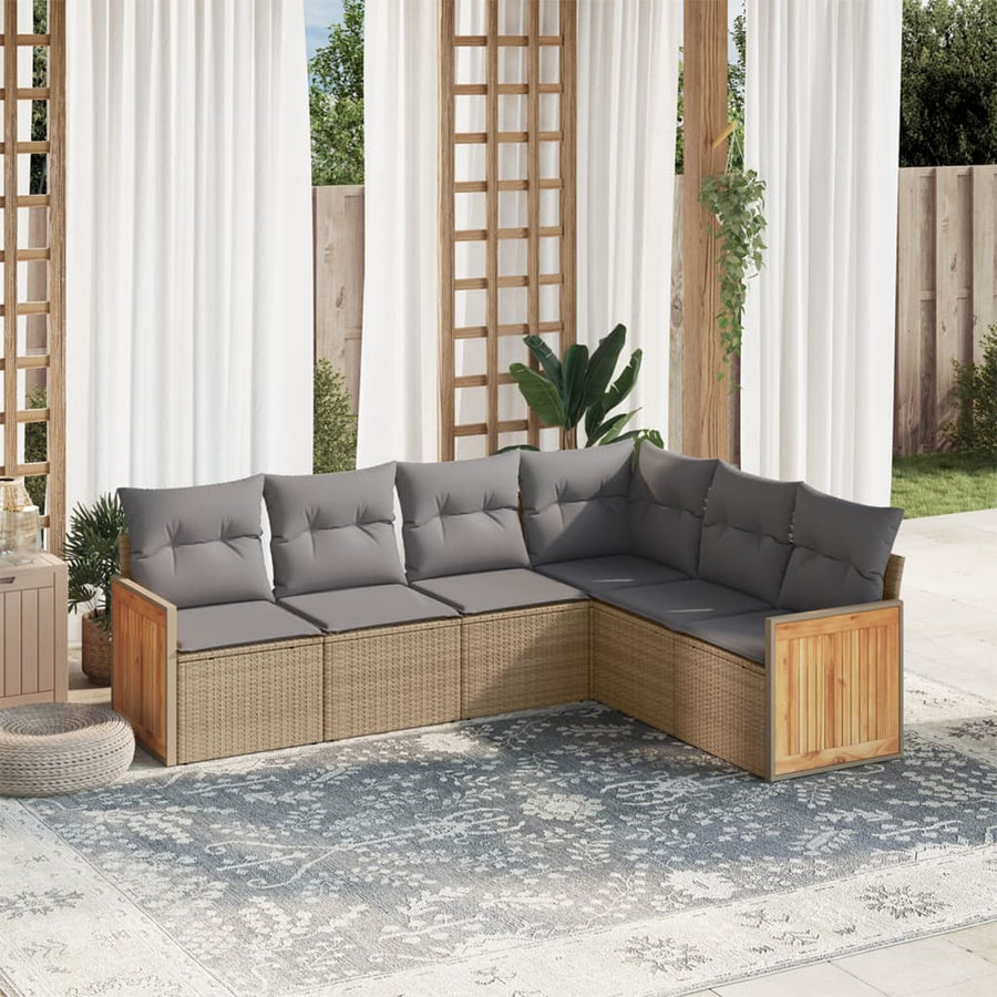 6-delige Loungeset met kussens poly rattan beige Beige en grijs Zonder tafel