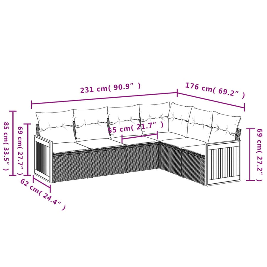 6-delige Loungeset met kussens poly rattan grijs Grijs Zonder tafel
