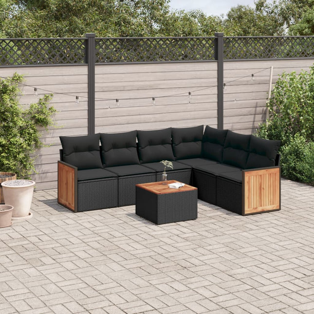 7-Delige Loungeset Met Kussens Poly Rattan Zwart Met tafel