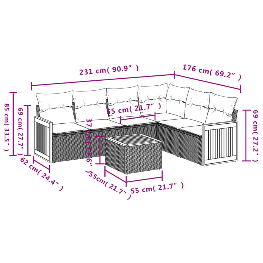 7-delige Loungeset met kussens poly rattan beige beige and cream Met tafel