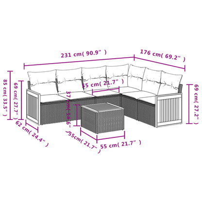 7-delige Loungeset met kussens poly rattan grijs Grijs Met tafel