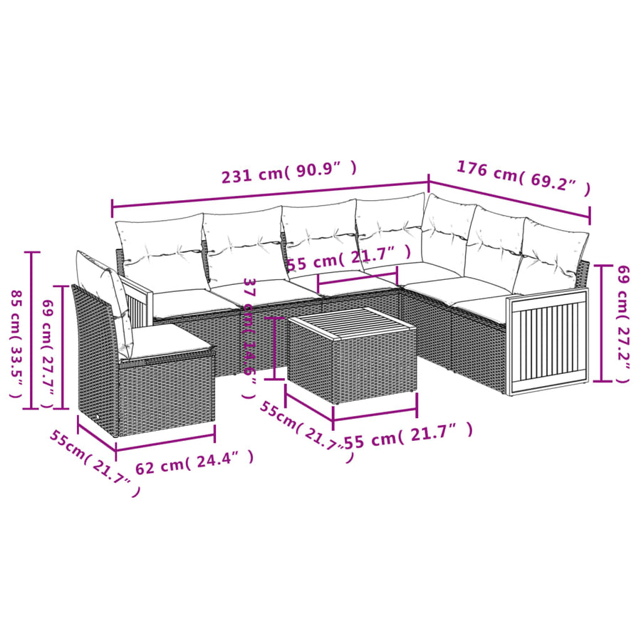 7-Delige Loungeset Met Kussens Poly Rattan Beige en grijs Met tafel