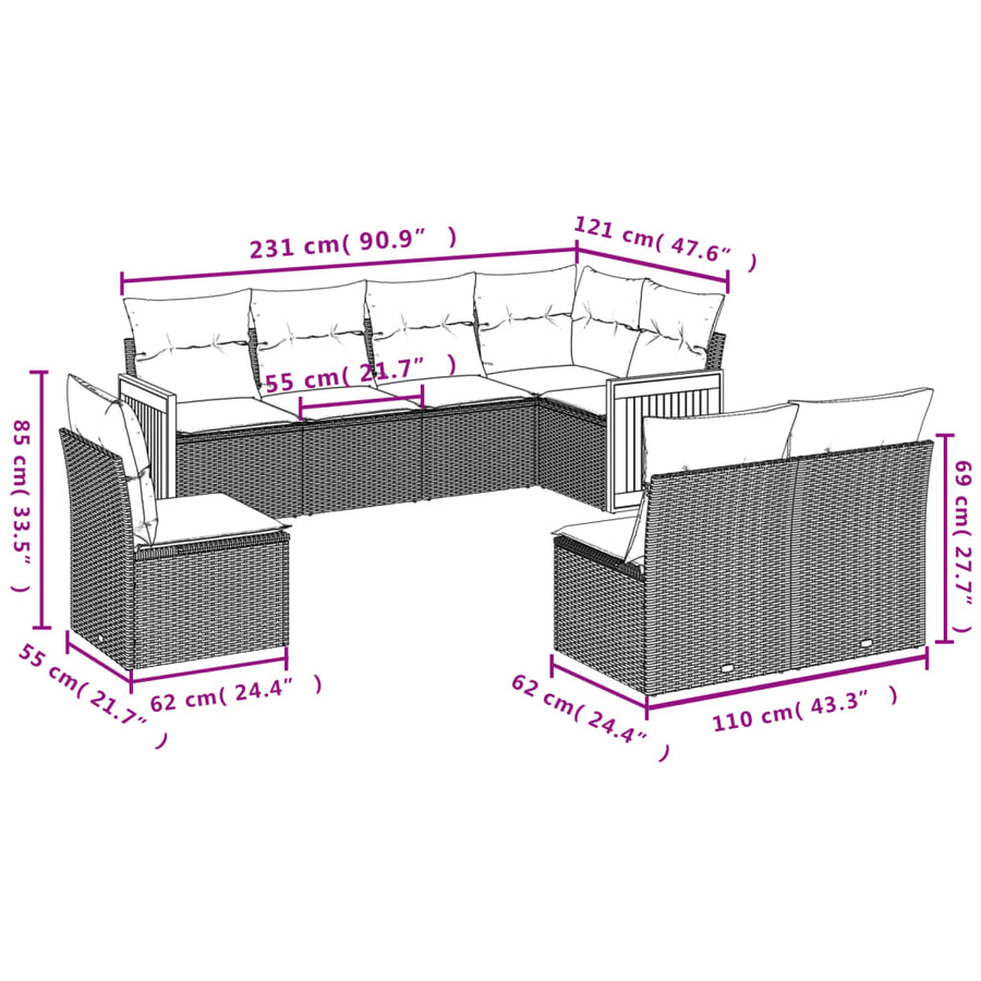 8-Delige Loungeset Met Kussens Poly Rattan Grijs