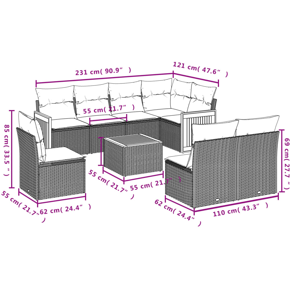 9-Delige Loungeset Met Kussens Poly Rattan Beige