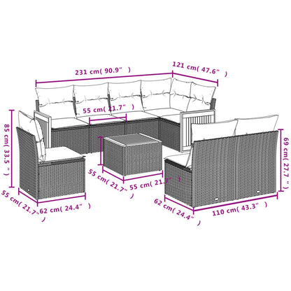 9-Delige Loungeset Met Kussens Poly Rattan Grijs