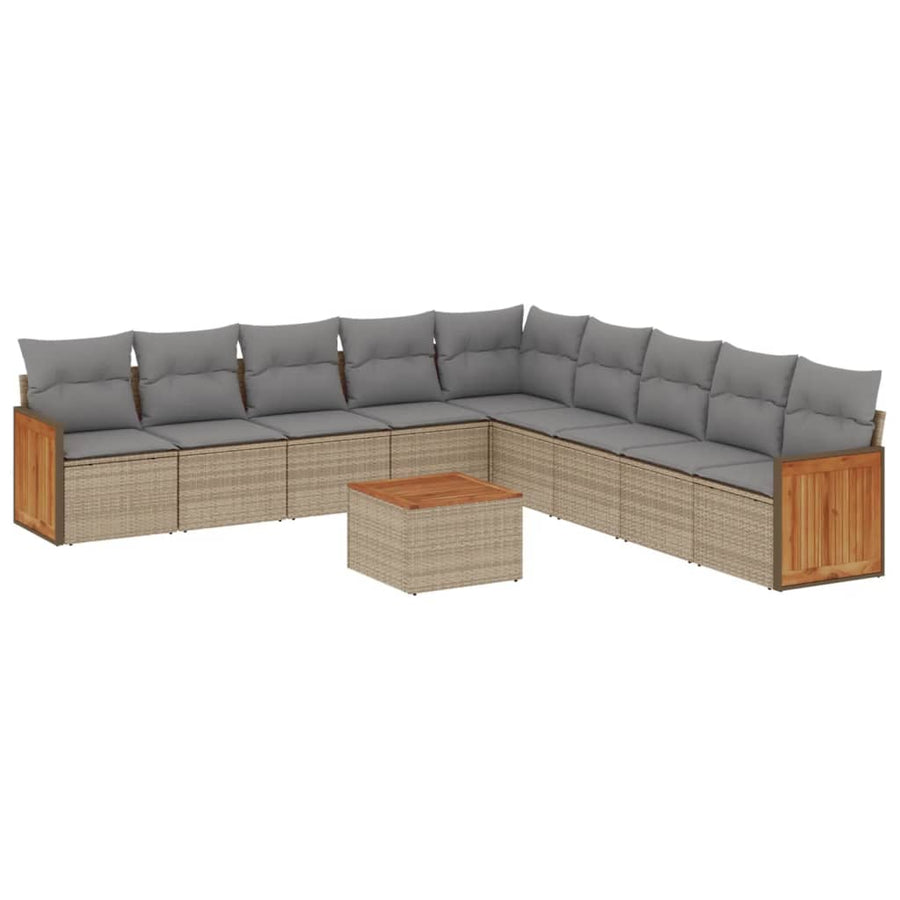 10-delige Loungeset met kussens poly rattan beige Beige en grijs Met tafel
