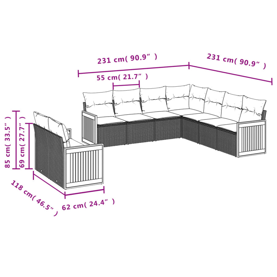 9-delige Loungeset met kussens poly rattan zwart Zwart en crème Zonder tafel