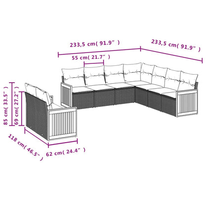 9-delige Loungeset met kussens poly rattan grijs 1 Grijs