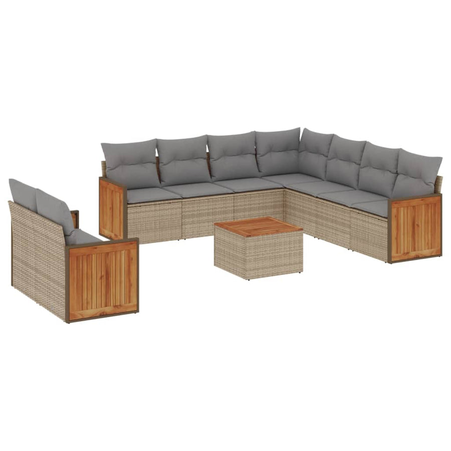 10-delige Loungeset met kussens poly rattan beige Beige en grijs