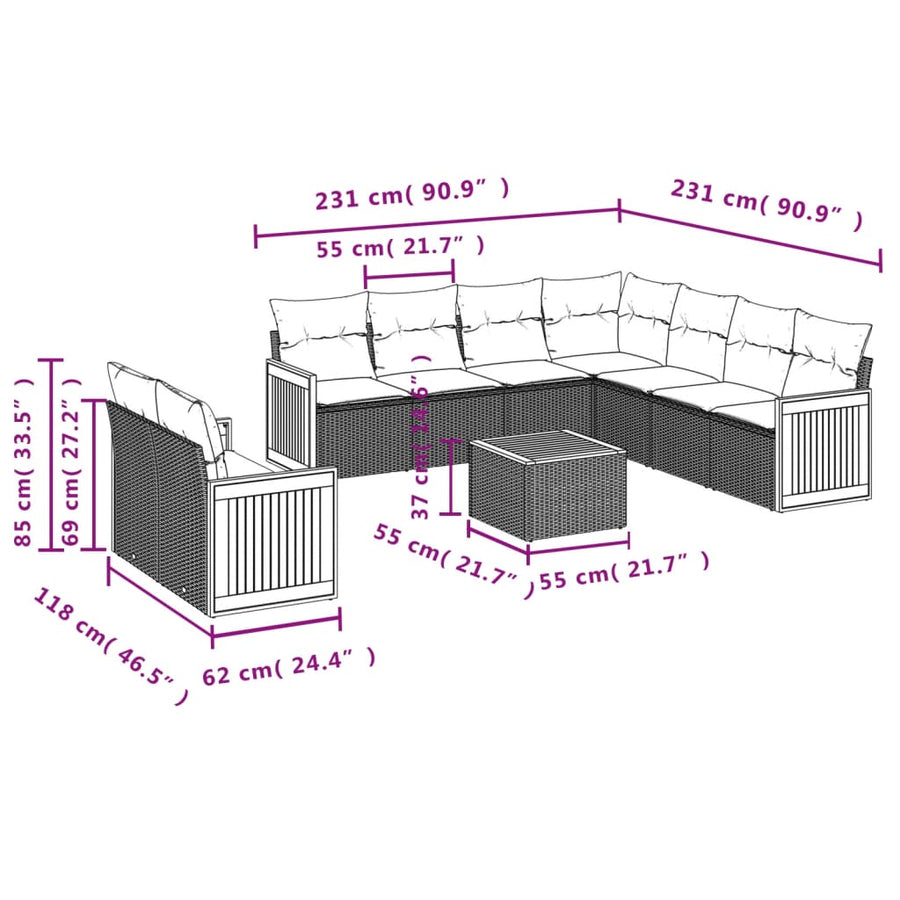10-delige Loungeset met kussens poly rattan beige Beige en grijs