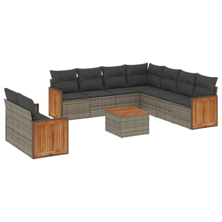 10-delige Loungeset met kussens poly rattan grijs Grijs