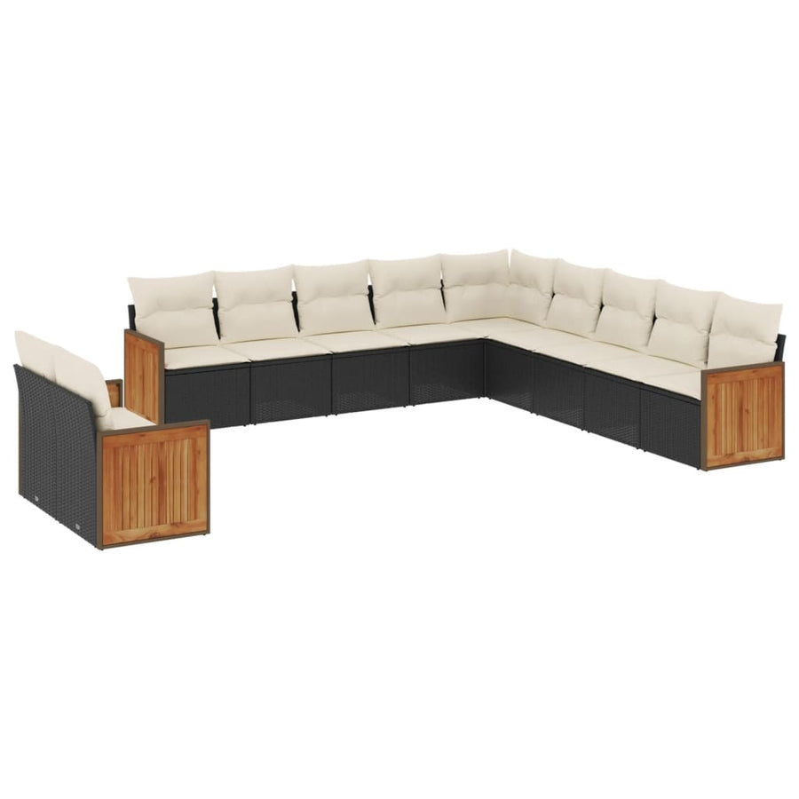 11-delige Loungeset met kussens poly rattan zwart Zwart en crème