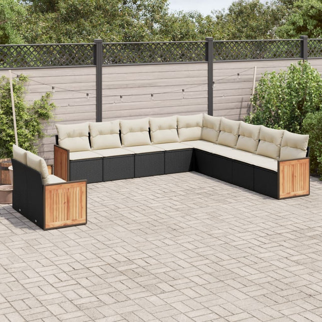 11-delige Loungeset met kussens poly rattan zwart Zwart en crème