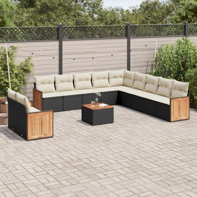 12-delige Loungeset met kussens poly rattan zwart Zwart en crème