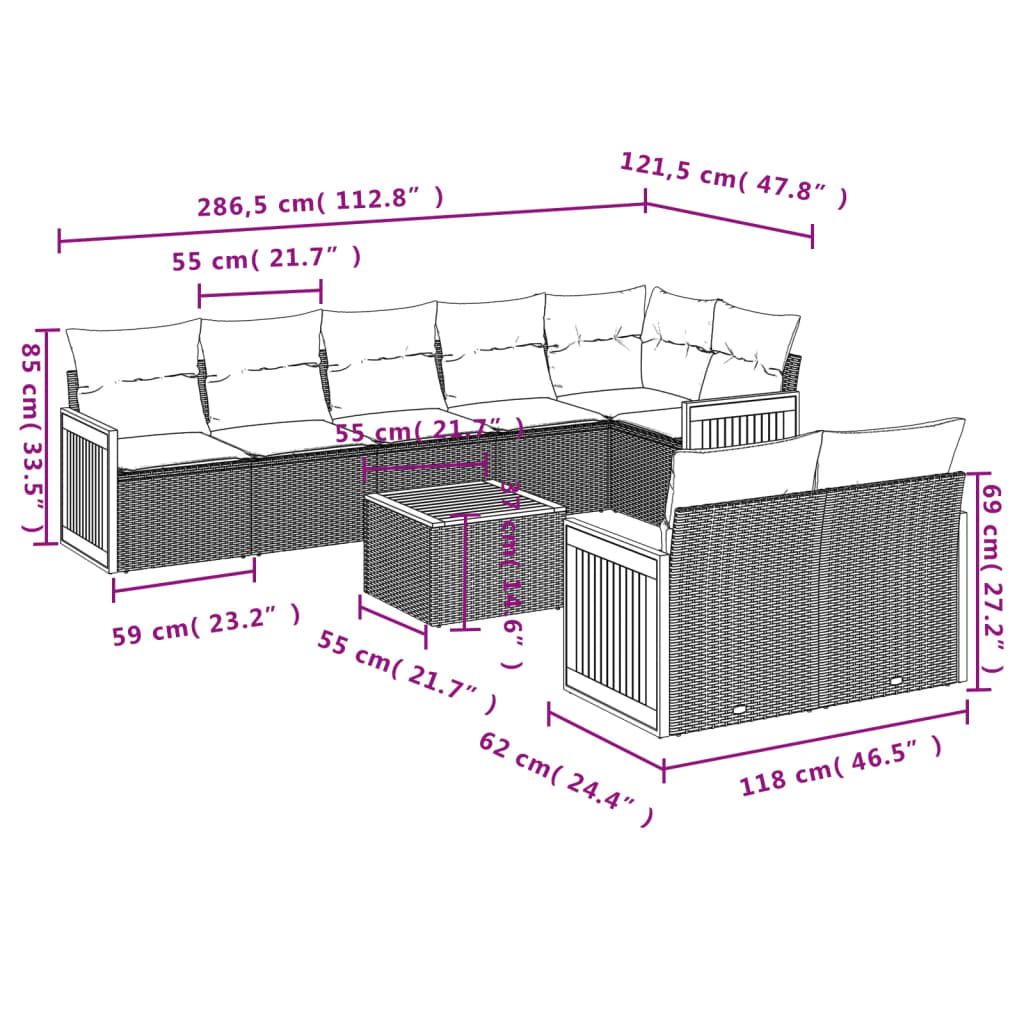 9-delige Loungeset met kussens poly rattan zwart 1 Zwart