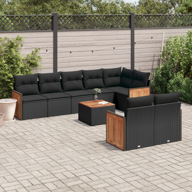 9-delige Loungeset met kussens poly rattan zwart 1 Zwart